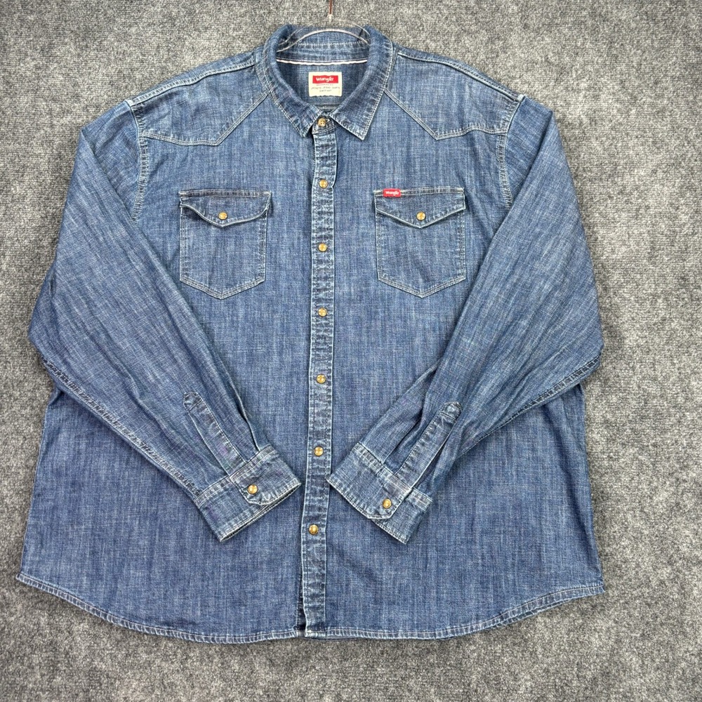 Wrangler Mens Blue Denim‎ Western Shirt Long Sleeve Snap Pocket 3XL